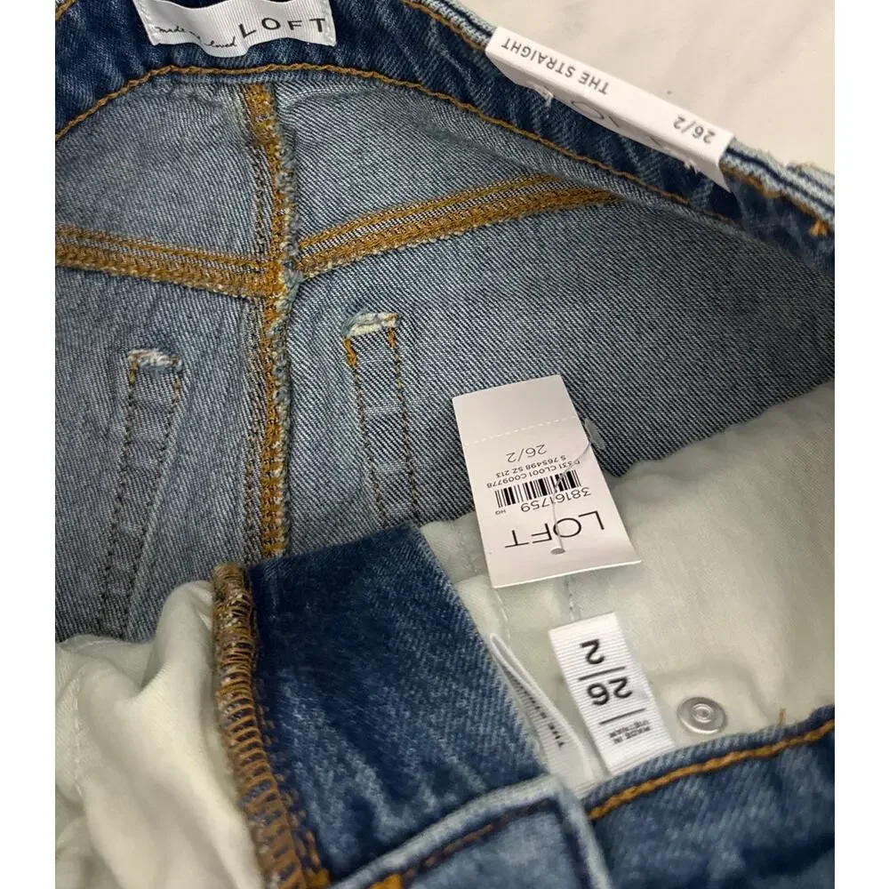 NWT LOFT Jeans Straight Curvy Casual Capsule Blue Distressed Denim Size 2 | 26